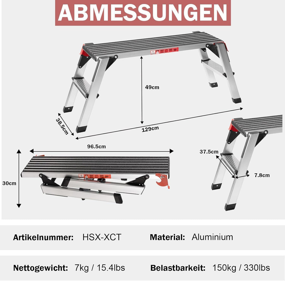 XinSunho Aluminium werkplatform, inklapbare trapladder tot 150 kg, vouwladder met veiligheidssloten, antislip treevlak, trapladder, Pro Work platform ladder voor huis en werkplaats
