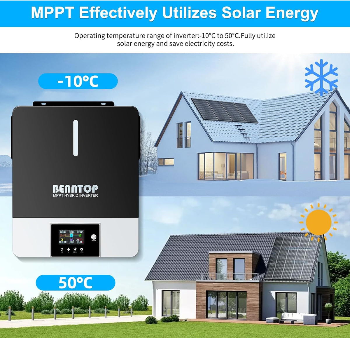 Hybride omvormer, zuivere sinus, 6200 W, 48 V DC naar 220/230 V AC zonne-omvormer, PV max.500 V, Avec Chargeur Solaire 120 A, MPPT voor netonafhankelijke loodzuur-lithiumbatterij