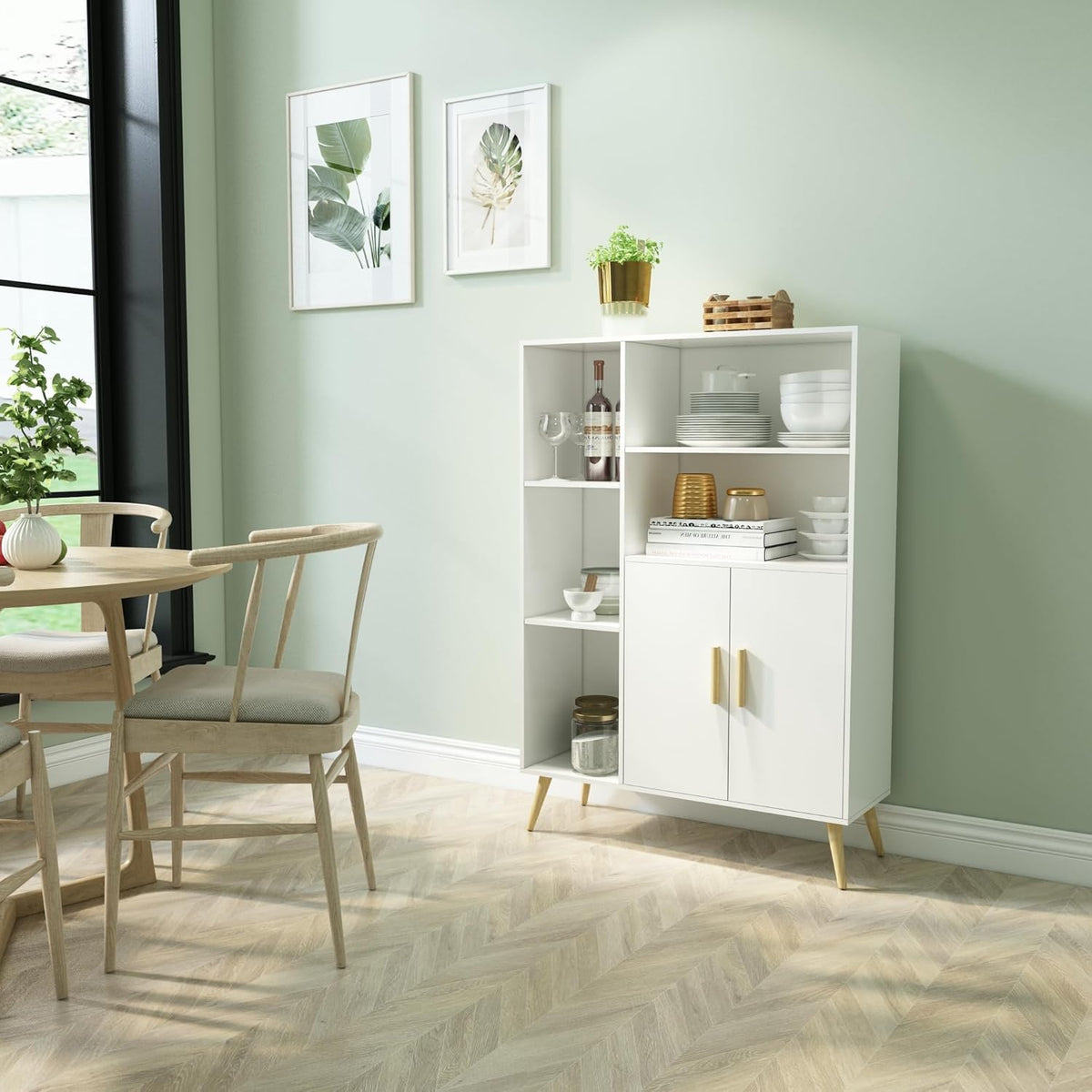 Meerveil Sideboard, commode met 2 deuren en 5 vakken, verstelbare plank, hout, voor woonkamer, slaapkamer, keuken, 85 x 30 x 120 cm, wit