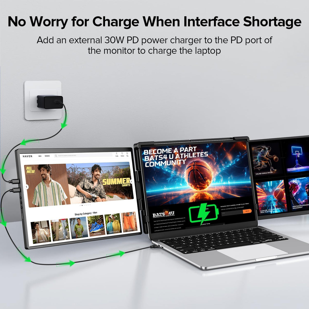 UPERFECT Laptop Screen Extender, 2K 14" 360° Patented Unique Swivel Hinge Triple Monitor, 2240x1400 QHD IPS Portable Dual Monitor for 13.3"-17.3'' Laptops, Plug & Play - QUORE