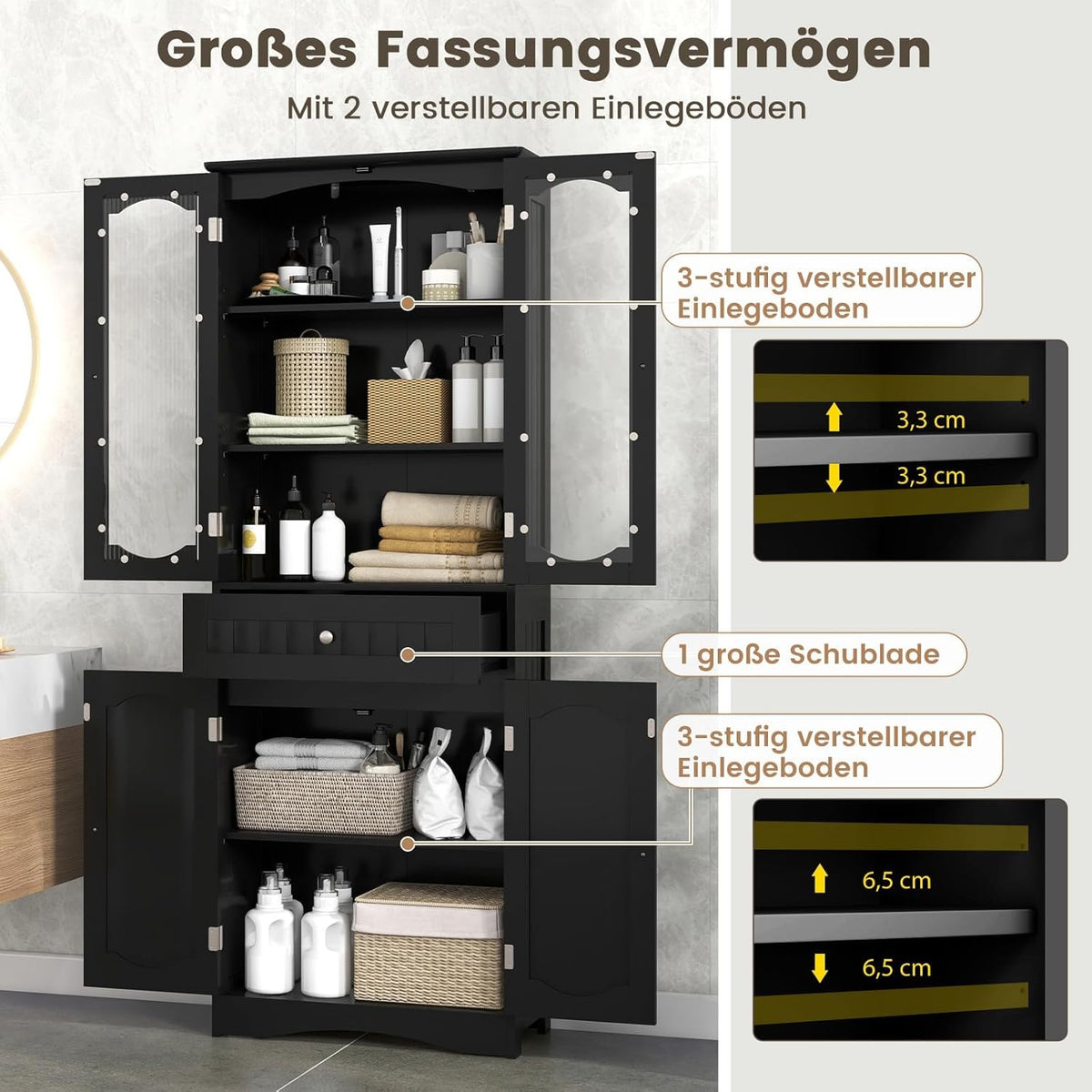 FANTASK Badkamerkast voor woonkamer, badkamer, keuken, vrijstaande hoge kast met kantelbeveiliging en 4 deuren en lade en verstelbare plank, 60 x 30 x 160 cm