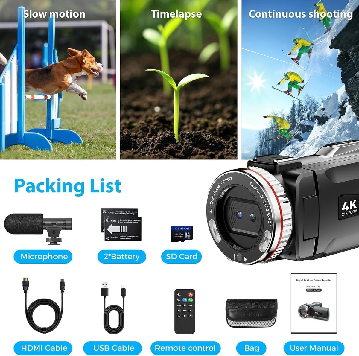 Videocamera 4K – Camcorder – Vlogcamera – Vloggingcamera – YouTube Camera – 64 GB Kaart – 3,0 Inch 270° Draaibaar Scherm