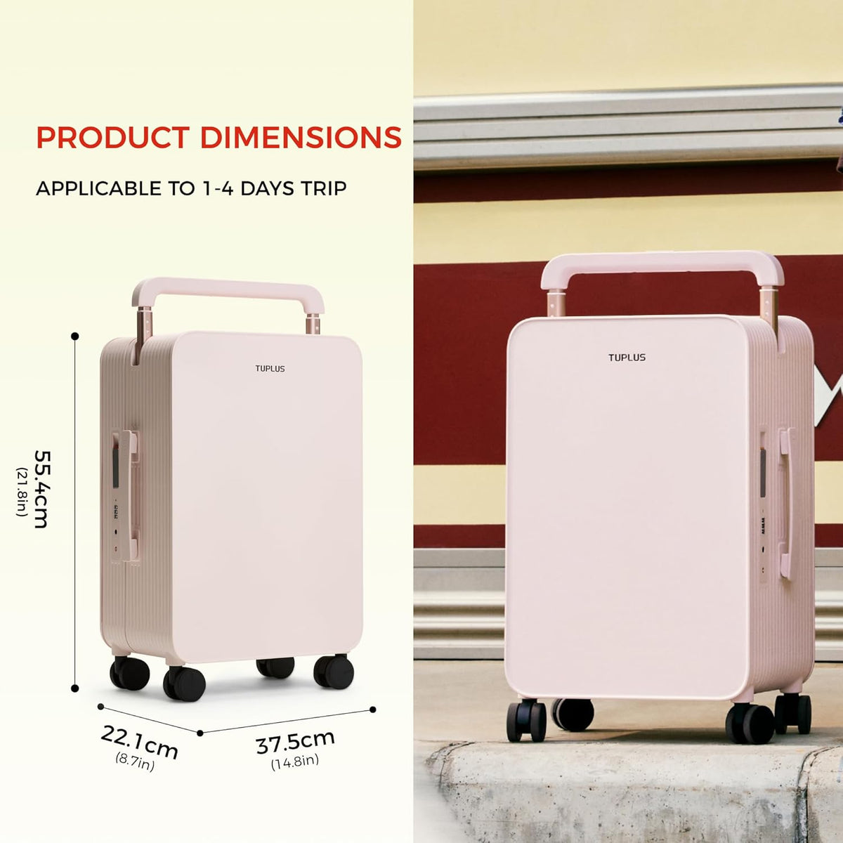 TUPLUS 50,8 cm handbagage harde bagage lichtgewicht ABS reiskoffer met brede handgreep spinner wielen TSA combinatieslot, balans serie 2.0, Sakura Roze, Carry-On 20'', Koffer