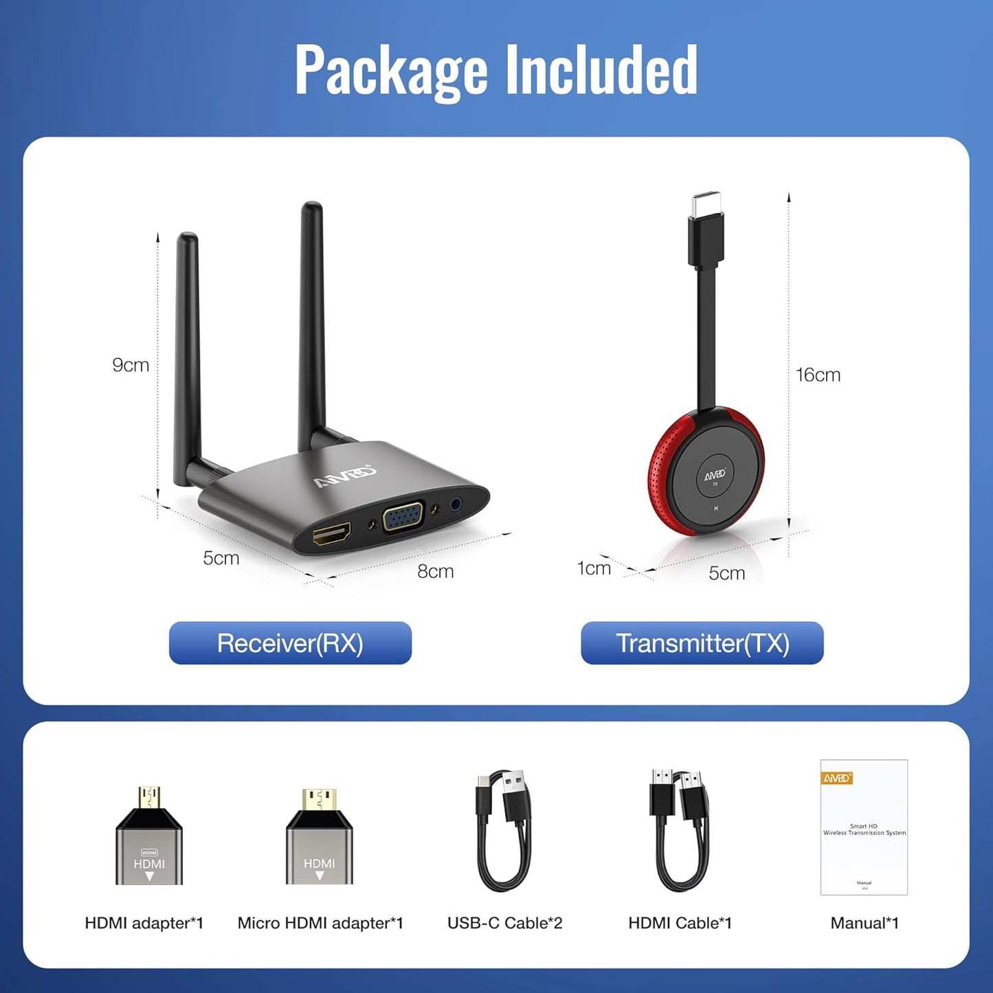 AIMIBO Draadloze HDMI-zender en ontvanger 4K, 5G en 2.4G Stabiele draadloze transmissie, dubbele schermen HDMI & VGA Casting Video/Audio voor laptop, tv-box, camera, telefoon naar monitor, projector