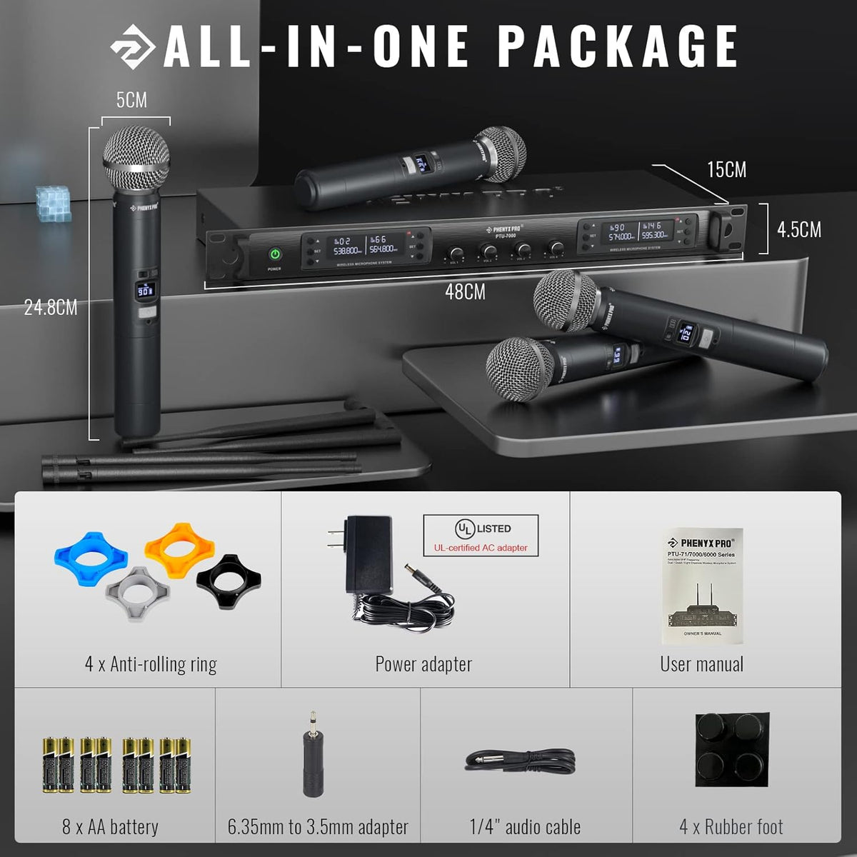 Phenyx Pro Quad Channel draadloos microfoonsysteem, 4 handheld draadloze microfoons, 4 x 40 kanalen, auto scan, bereik 100 meter, ideaal voor zang, kerk, karaoke (PTU-7000-4H)