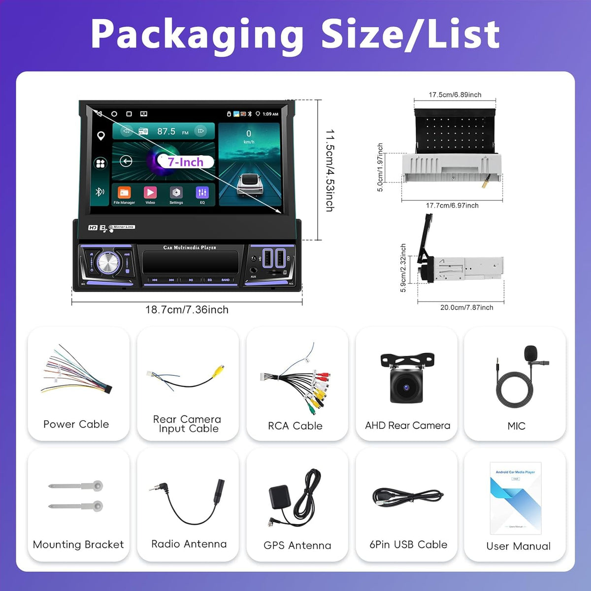 4+64G Auto Radio 1 din Android met Carplay Android Auto, Motorsi Bluetooth Single din Radio Auto met Scherm Support Mirrorlink/FM/GPS-Navigatie/WIFI/USB/SWC + Achteruitrijcamera + Microfoon