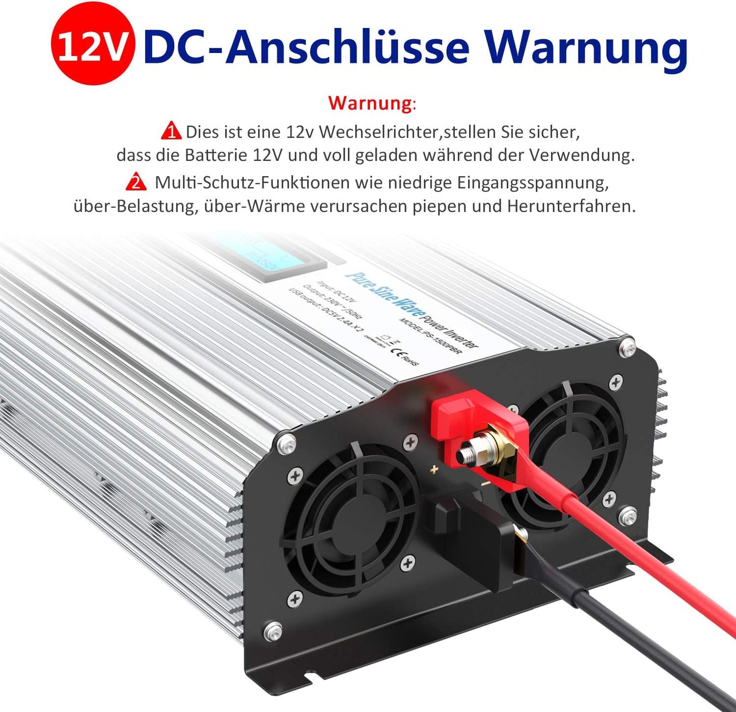 GIANDEL 1500 W zuivere sinus omvormer, DC 12 V naar AC 230 V, spanningsomvormer, power inverter met 2,4 A dubbele USB-poorten en afstandsbediening en lcd-display voor camper vrachtwagen