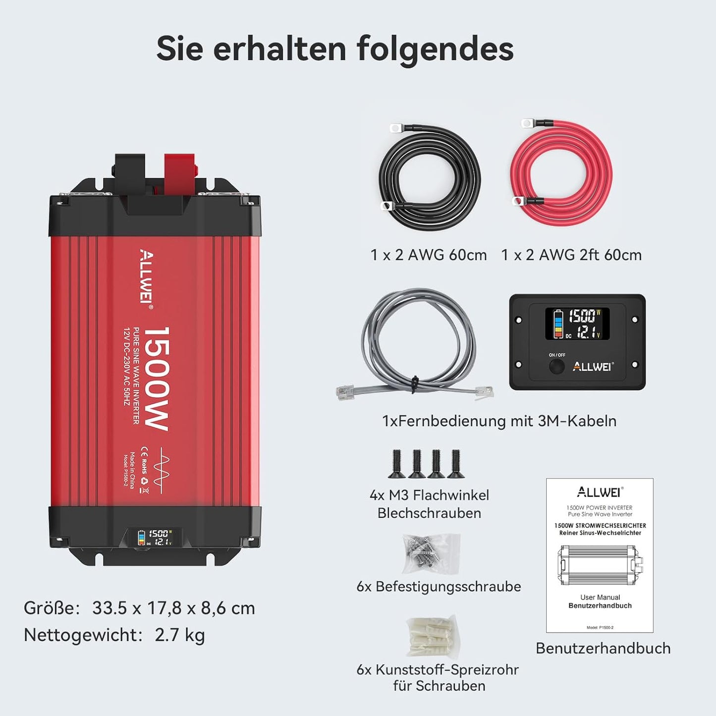 ALLWEI 1500 W zuivere sinus omvormer, 12 V naar 230 V, spanningsomvormer voor thuis, camper, vrachtwagen, netonafhankelijke zonne-installaties, omvormer, inverter 12 V 220 V, piekvermogen 3000 W