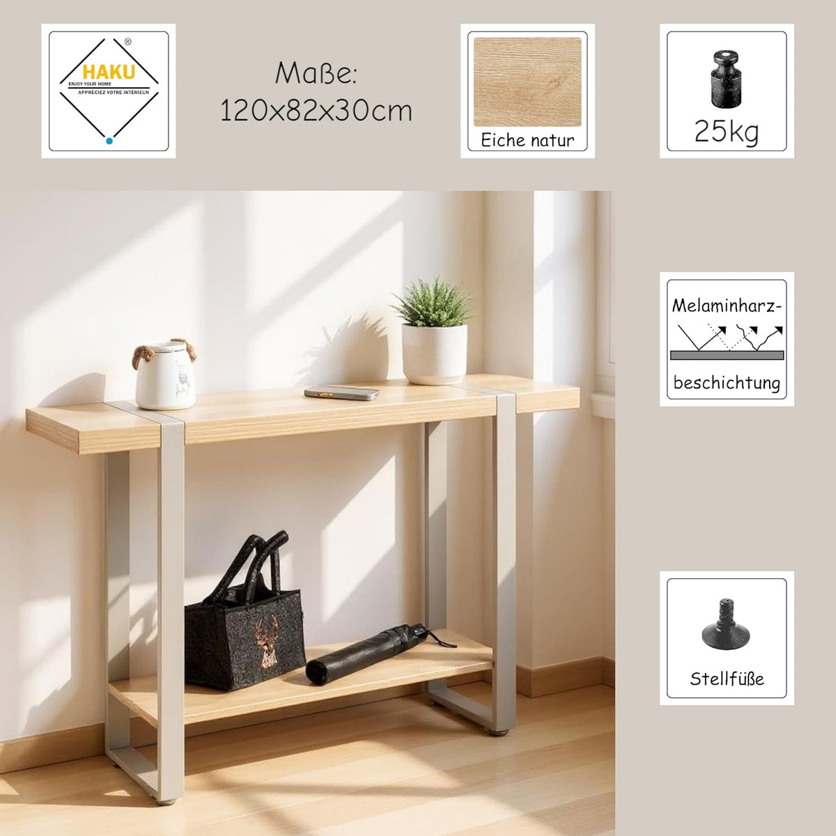 HAKU Consoletafel, eiken, grijs, metaal, spaanplaat, afmetingen: B 120 x H 82 x D 30 cm, stijl: modern