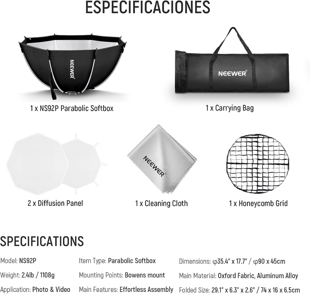 NEEWER Bowens Mount Soft Box Compatibel met Aputure 120d Compatibel met Godox SL60w Q4 AS600B CB300B Q300 Licht, diffusers, rooster, tas en reinigingsdoek, NS92P