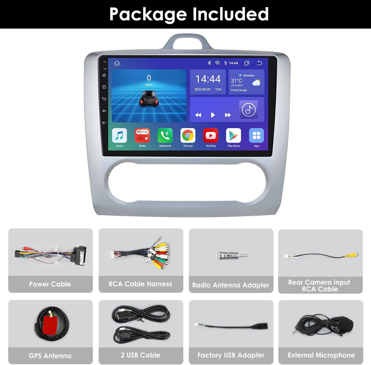 Android 12 Autoradio voor Ford Focus Exi AT 2004-2011, 4+32GB Bluetooth Auto Stereo GPS Navigatie met 9 Inch QLED Touchscreen Ondersteuning Carplay Weer Stuurbediening DSP RDS USB