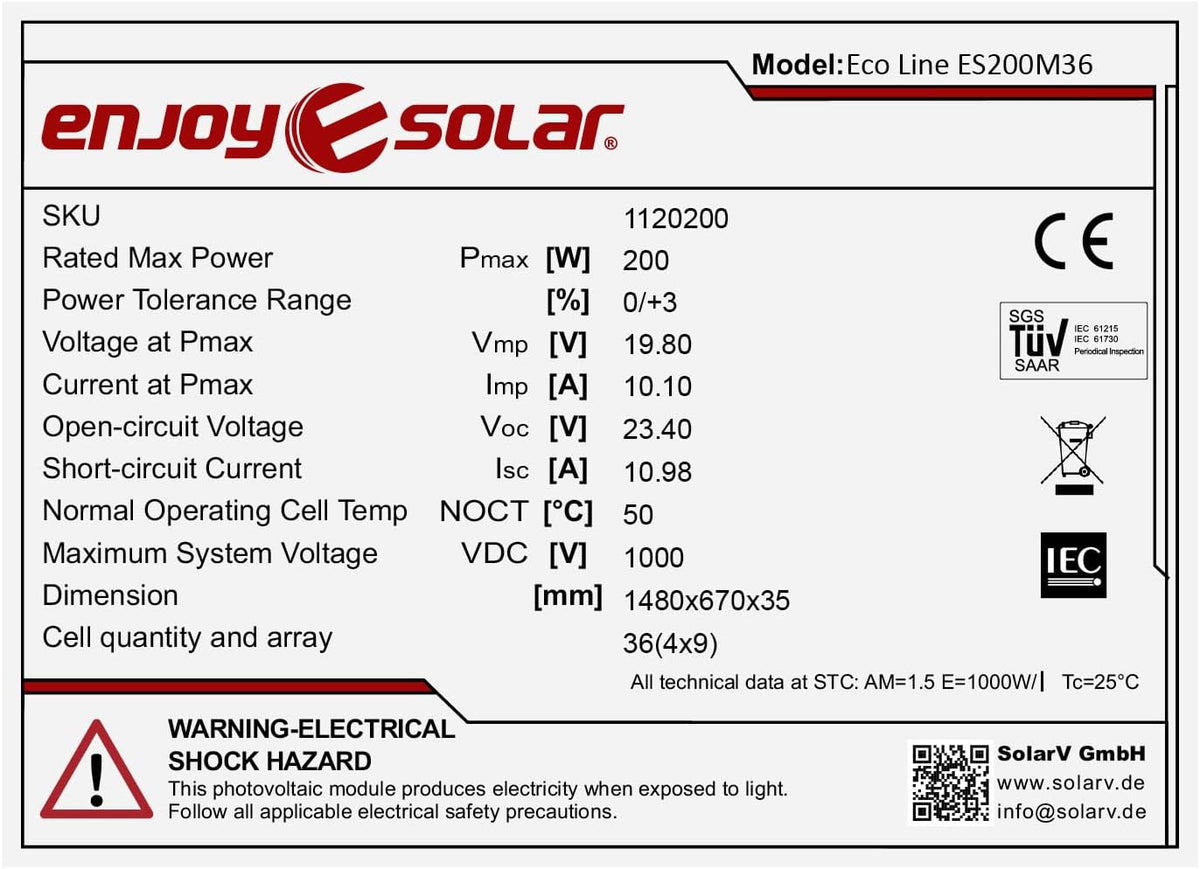 enjoy solar® Monokristallijn zonnepaneel 200W 12V, PERC 9BB – Ideaal voor campers, balkoninstallaties, tuinhuisjes, boten (Zwarte Rand)