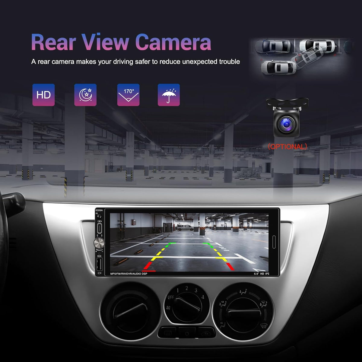 2 + 64 GB Android 1 Din autoradio Wireless Carplay Android Auto, 6,9 inch touchscreen Bluetooth Post Radio Auto met GPS WiFi EQ FM RDS radio, achteruitrijcamera