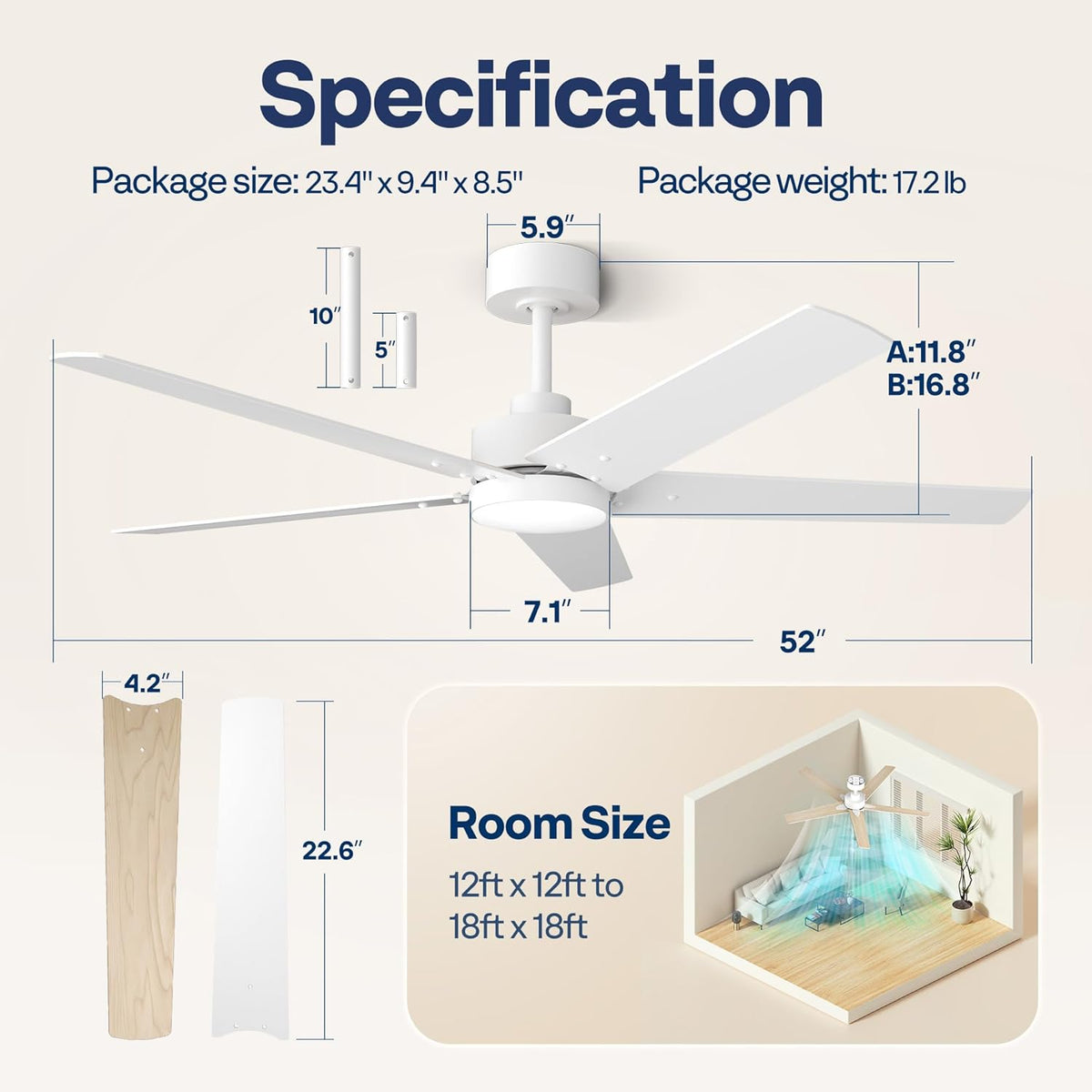 VIVOHOME Plafondventilator met Verlichting 52 inch/132 cm Laag Profiel en Afstandsbediening Inbouw voor Slaapkamer Woonkamer Garage 6+1 Snelheden 3CCT Dimbare Timer Stille Omkeerbare