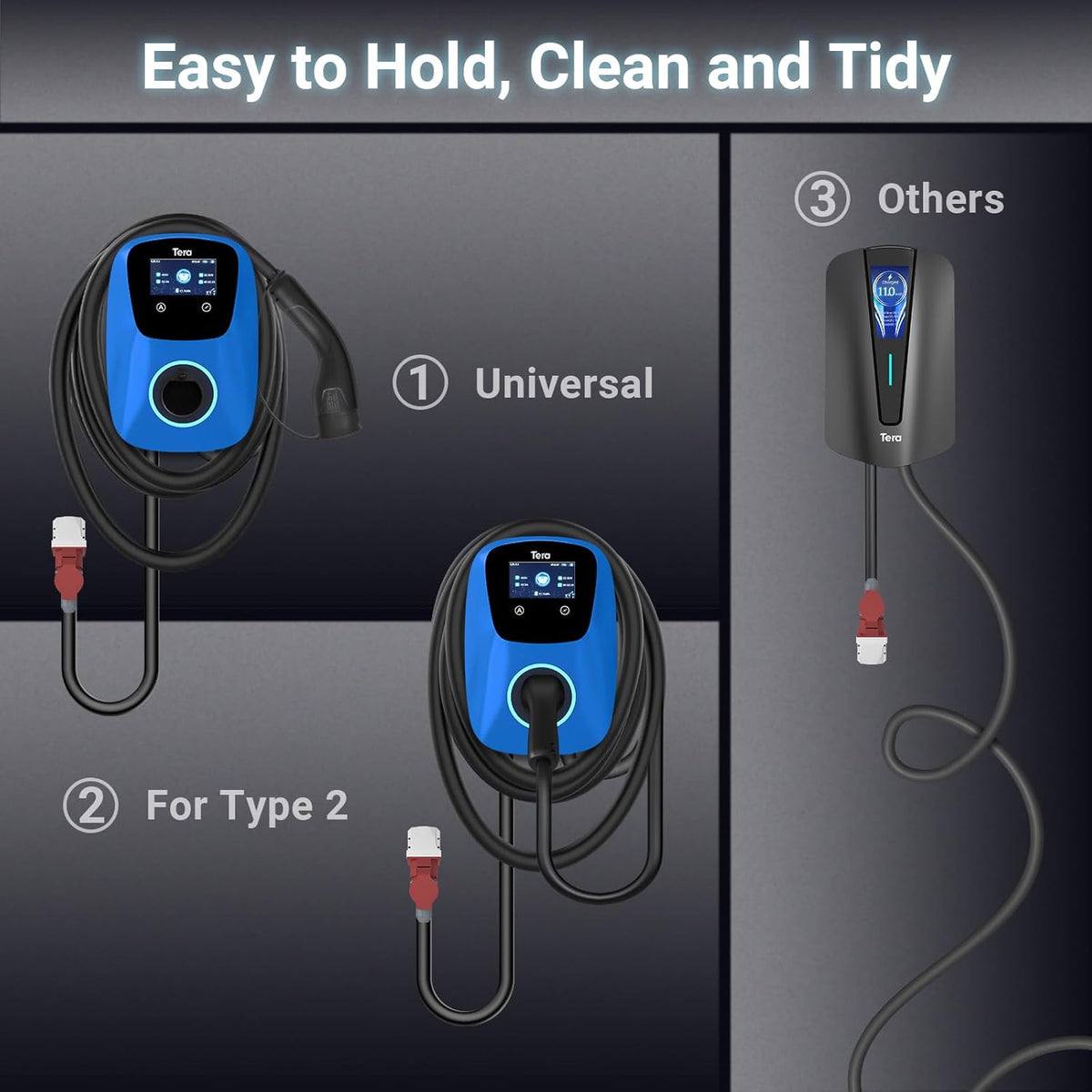 Tera EV oplader Smart APP: 32A type 2 22kW of 11kW thuis laadstation 400V CE & TÜV Wallbox 7 m oplaadkabel met lader houder app-besturing CEE 3-fasen stekker voor alle EV's en PHEV's W01 blauw
