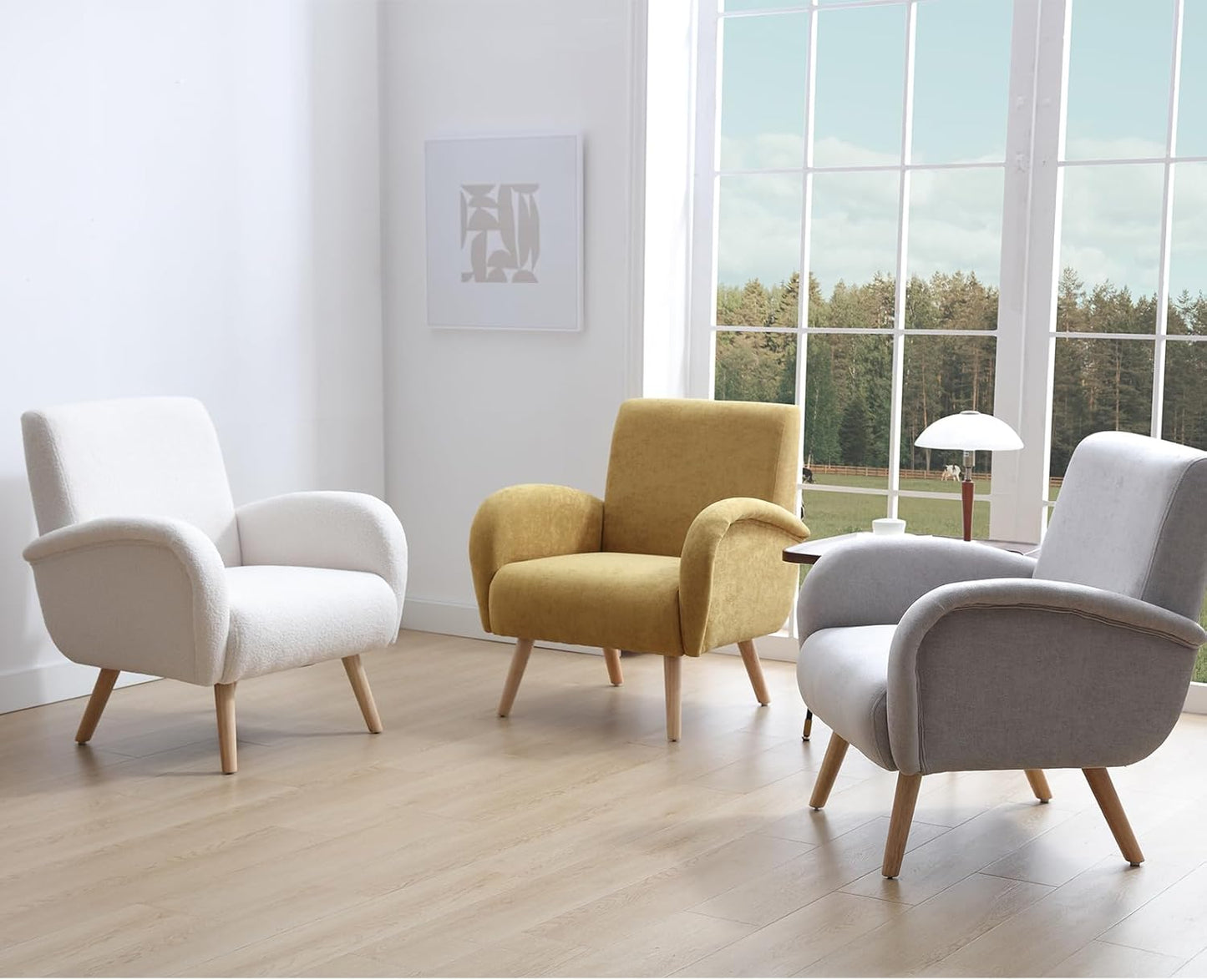 Armchair Upholstered Chair Modern Fur Chair with Wooden Legs Upholstered Chairs for Bedroom/Living Room White
