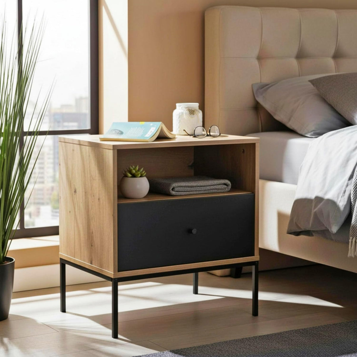 HAKU Console eiken, zwart, MDF, metaal - Maat: B 55 cm x H 60 cm x D 42 cm, Stijl: Modern