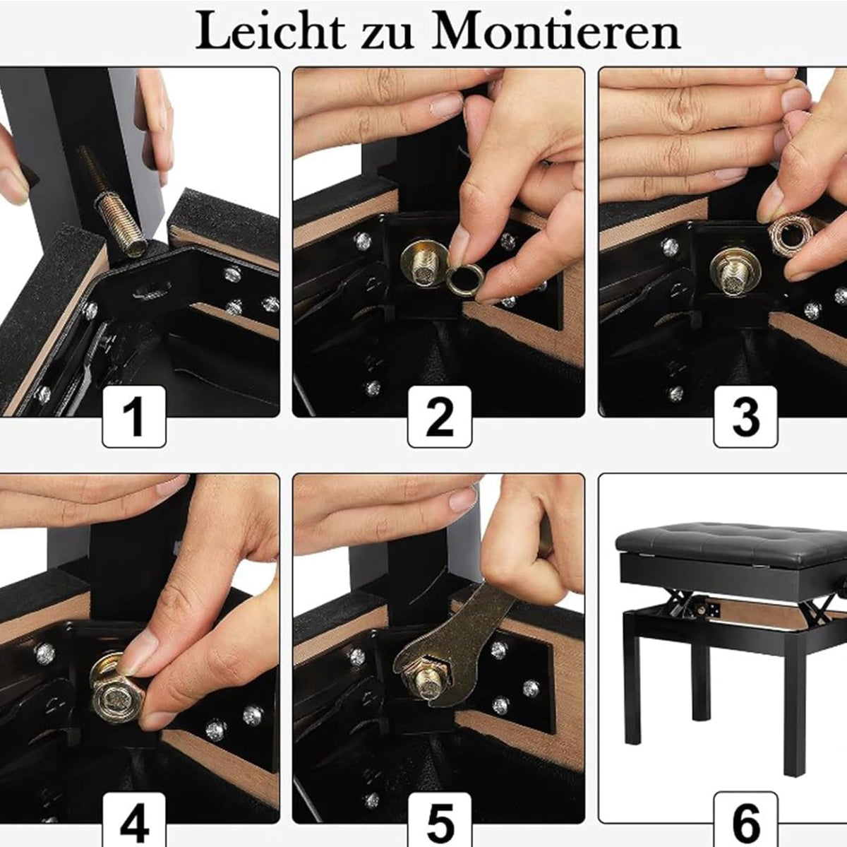 Piano zitbank 56 x 33,5 x 58 cm Verstelbare hoogte met PU leder Gepolsterde zitkussen Opbergruimte Smaak Afbergvak Hocker Zwart