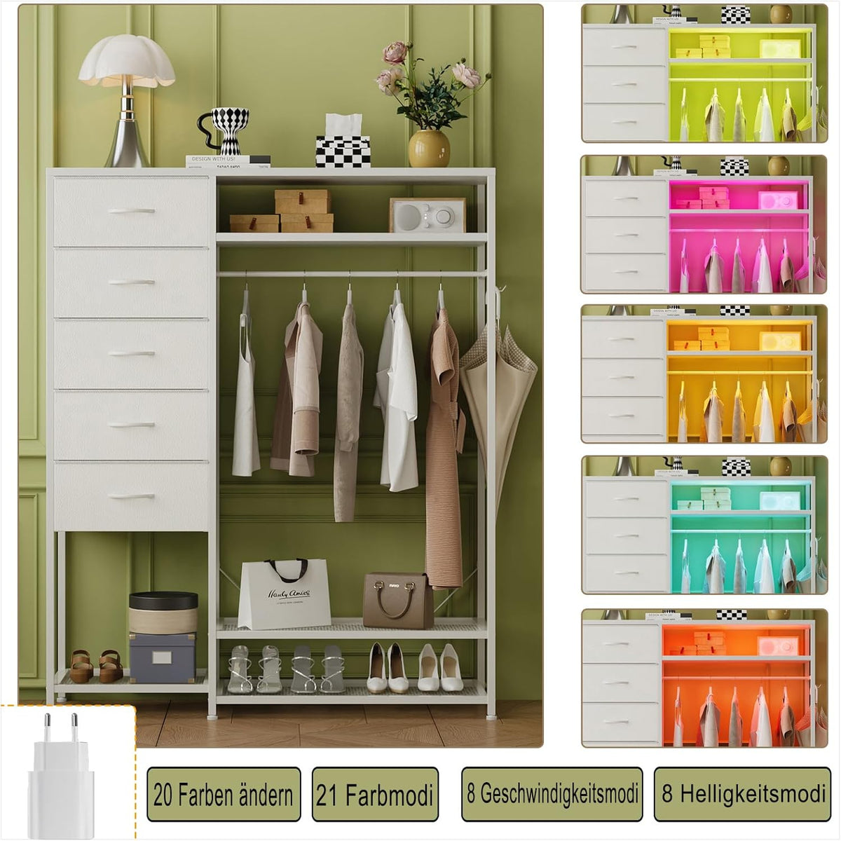 Trironsun Commode met 5 laden, kledingstang, LED-verlichting, laadstation, stoffen commode met houten plaat voor slaapkamer, woonkamer of kinderkamer (wit)