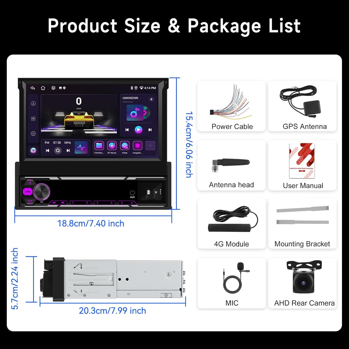 Hodozzy 6G + 128GB Android 15 autoradio, 1 Din scherm, uitschuifbaar met Carplay Wireless Android Auto, 7 inch touchscreen, navigatie, GPS radio met wifi, Bluetooth, FM/AM/RDS, DSP, USB en