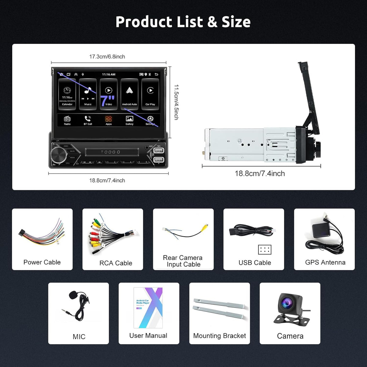 1 DIN Android Autoradio – Multimedia Speler – Car Stereo – Auto Radio – GPS Navigatie – Uitschuifbaar 7 Inch HD Touchscreen – Draadloze CarPlay & Android Auto – Inclusief Achteruitrijcamera