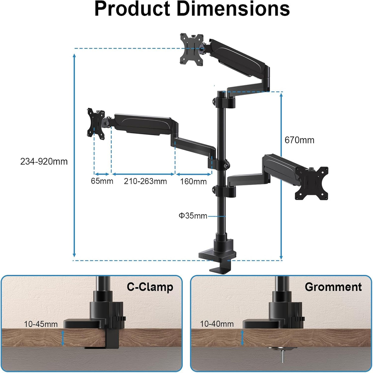 PUTORSEN Monitorhouder, 3 monitoren voor 17-32 inch beeldscherm, monitorhouder, 3 monitoren, in hoogte verstelbaar, met 9 kg per arm, 67 cm stang, zwenkbaar, kantelbaar, VESA 75/100 mm