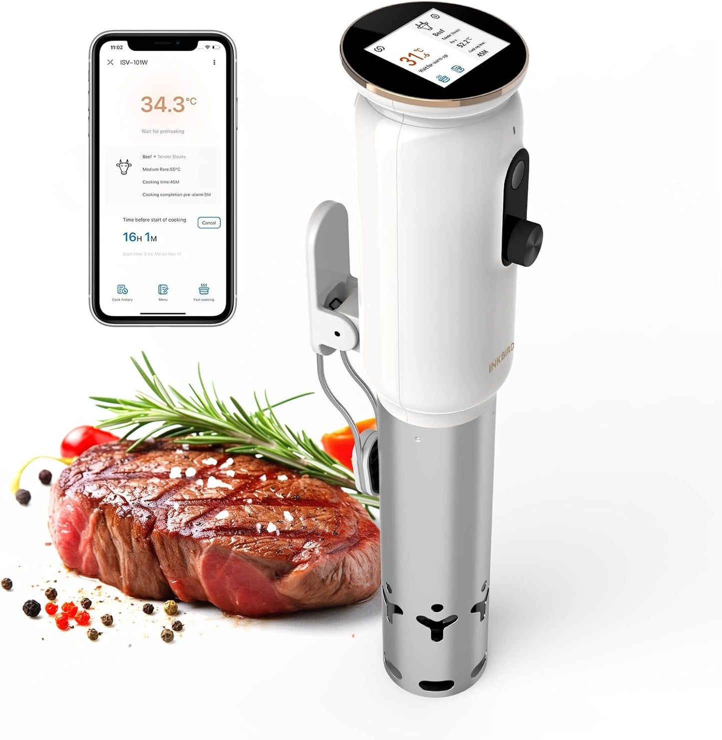 INKBIRD Wifi Sous Vide Roner, 0 - 90 ℃ Koken op lage temperatuur, TFT, stil, recepten inbegrepen, eenvoudige bediening, 1000 W