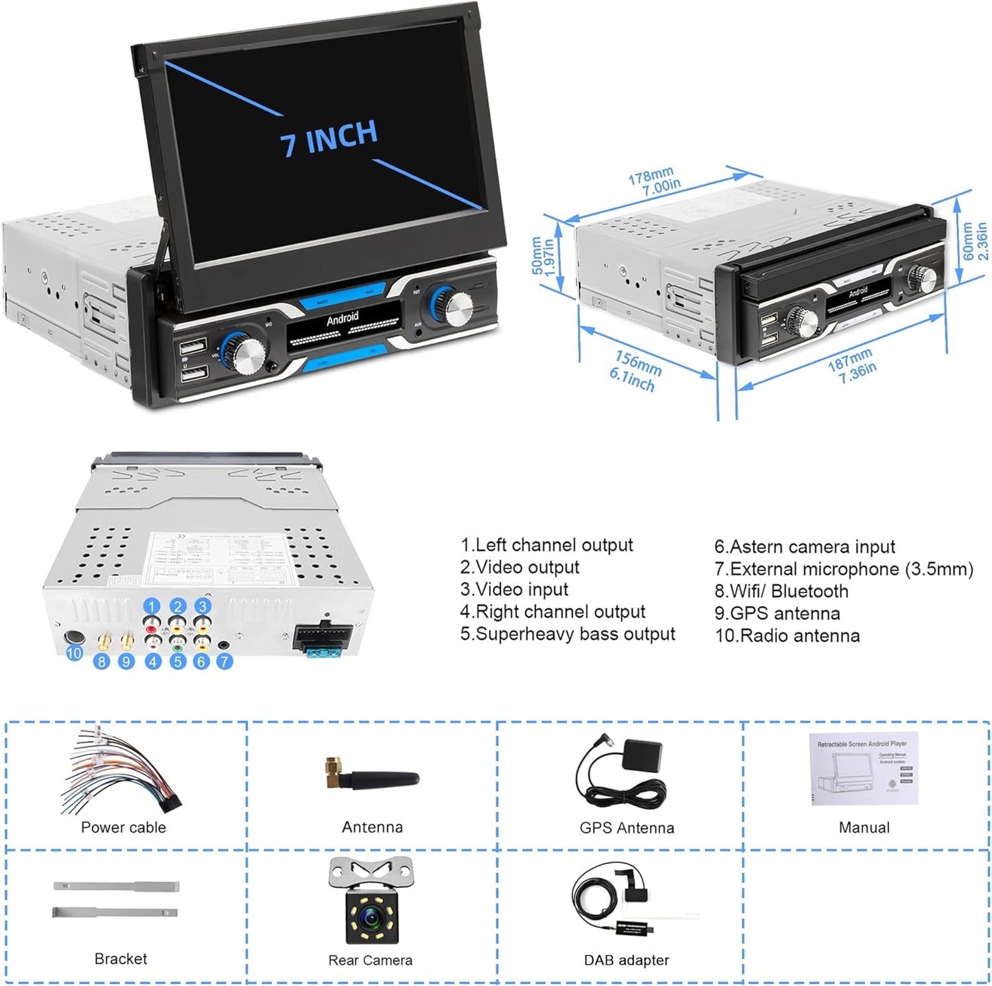 Autoradio 1 Din – Android Autoradio – Carplay Autoradio – GPS Navigatie Radio – DAB+ Autoradio – 7 Inch Automatisch Uitschuifbaar Scherm – Draadloze CarPlay & Android Auto