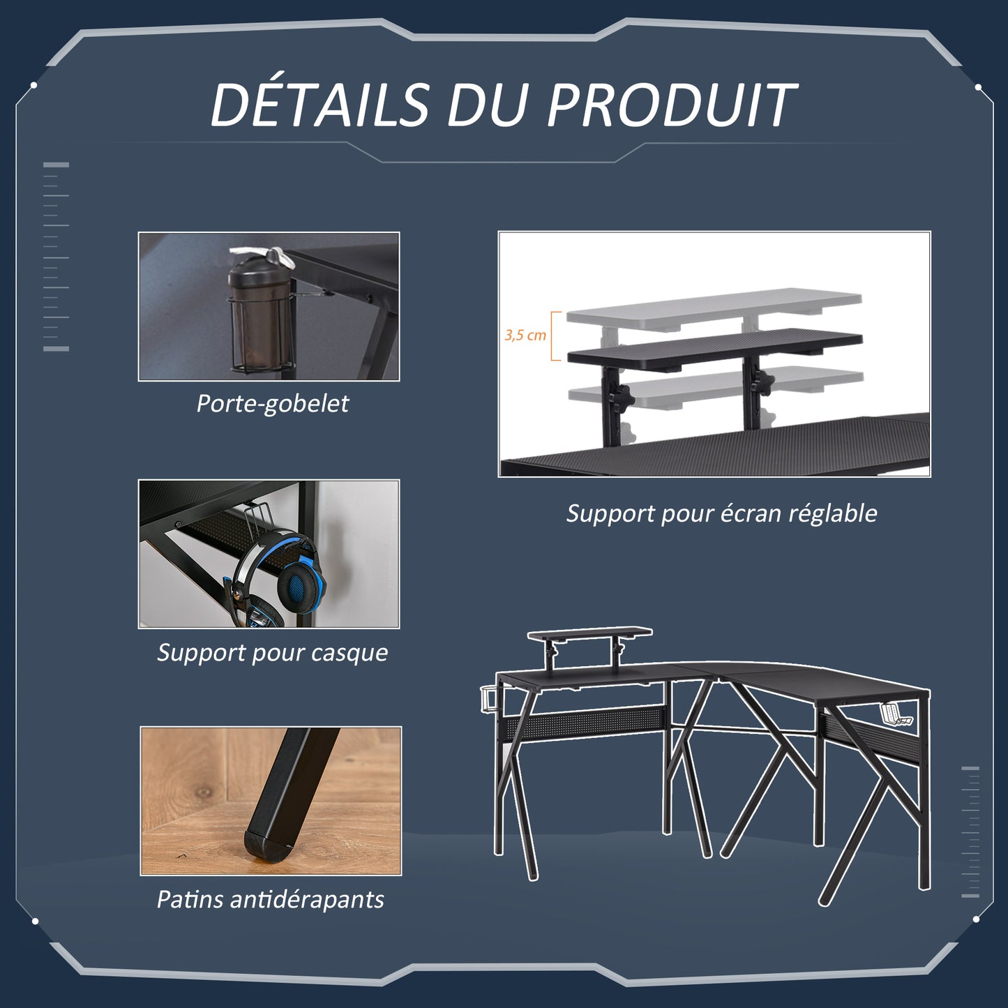 Hoekgamingbureau – Gamingbureau – Computerbureau – Werkbureau – Bureau hoekmodel – Carbon fiber textuur – Verstelbare schermplank – Metalen frame zwart