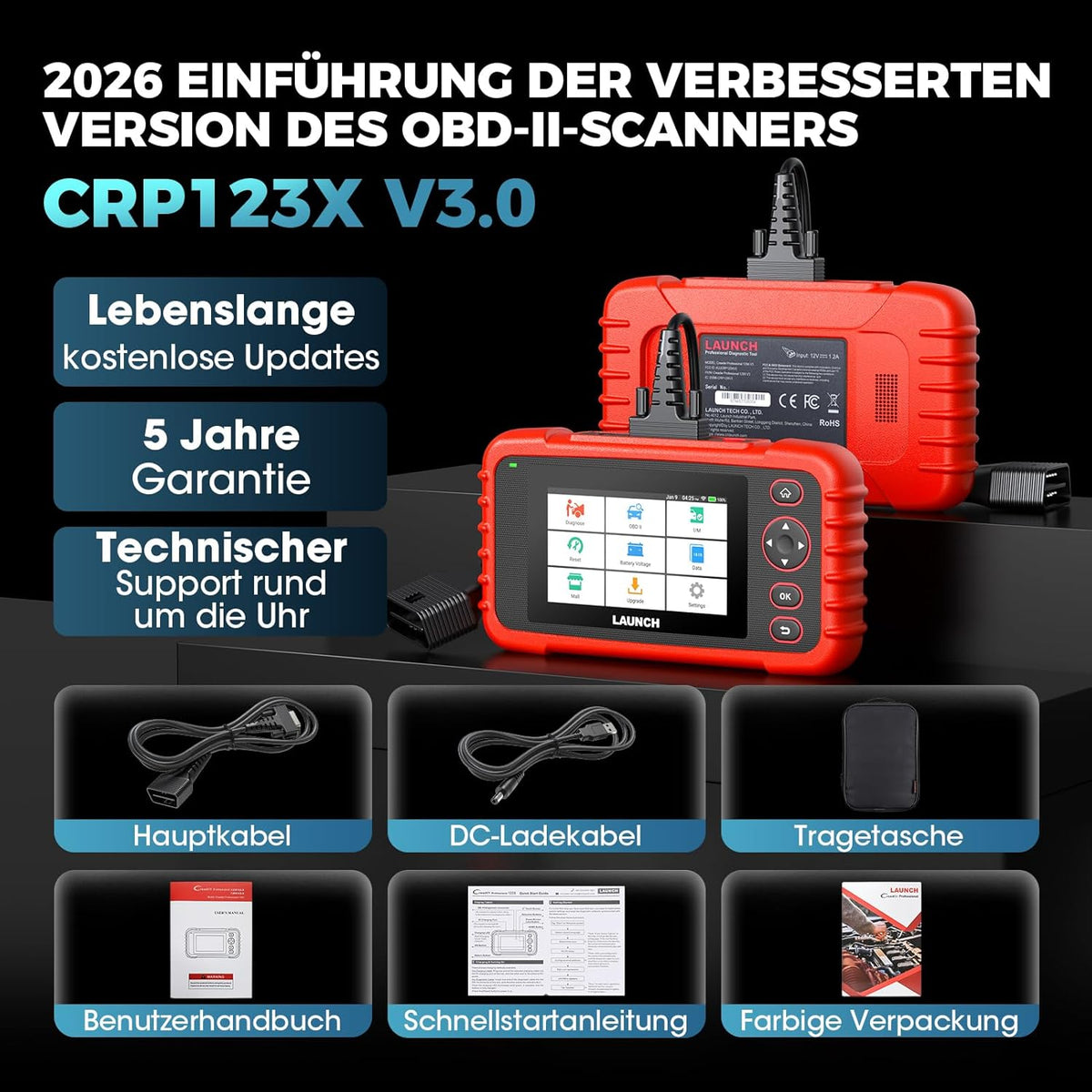 Launch CRP123X OBD2-autodiagnoseapparaat, professioneel diagnoseapparaat voor motortransmissie, ABS, SRS, met AutoVIN-service, wifi-updates, met SAS-kalibratie, gasklepreset, oliereset