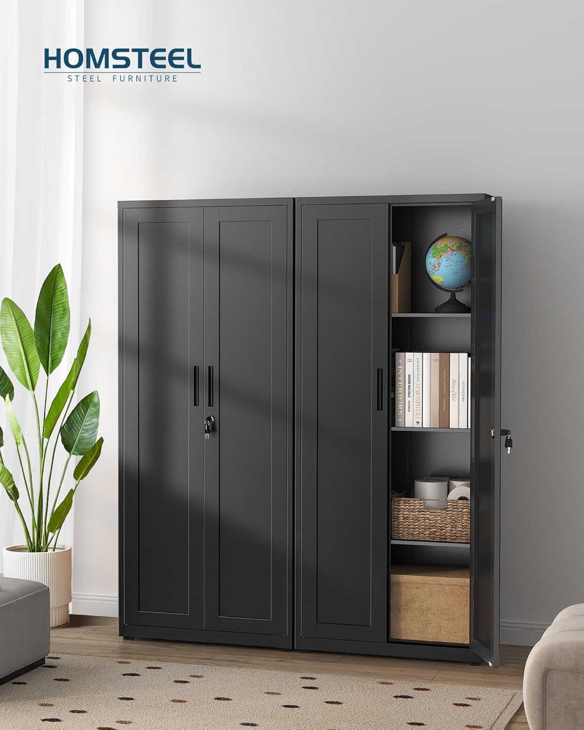 Dossierkast, afsluitbare garagekast, 3 niveaus, bureaukast, werkplaatskast met verstelbare planken, voor kantoor, garage en bijkeuken, 40 x 75 x 181,5 cm, zwart