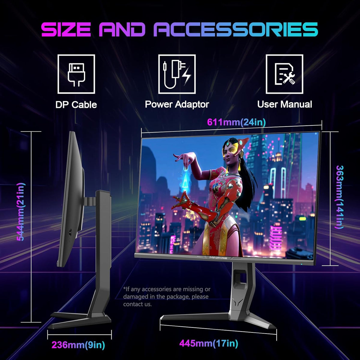 Minifire 27 gaming pc-monitor, 260 Hz, Fast IPS gaming-monitor, QHD 2K 2560 x 1440p, 1 ms, wit display, Freesync, 130% sRGB, HDR10, zwak blauw licht, VESA 100 x 100, 2 x DP1.4/2×HDMI 2.0 - zwart