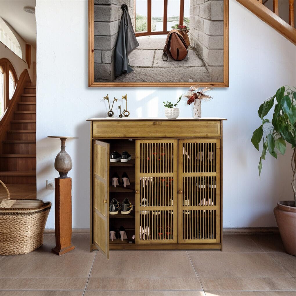 unho Bamboe schoenopbergkast: houten schoenenrek organizer met 3 holle deur en lade voor hal entree 4 niveaus