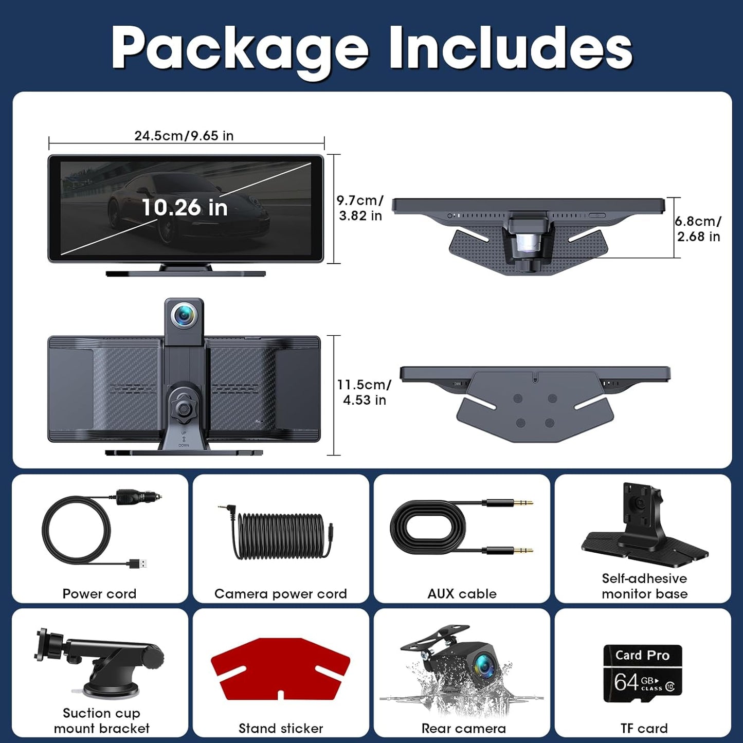 Carplay Display met 4K Dashcam 10,26 Inch Draadloos Carplay Android Auto Display met HD IPS Touchscreen Driveplay met Mirror Link Dual-Bluetooth Carplay met 1080P Achteruitrijcamera 64GB-Kaart