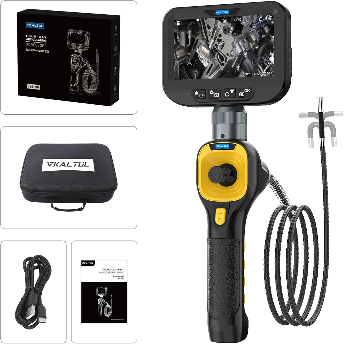 Endoscoop inspectiecamera, vierwegs scharnierende inspectiecamera met 6 LED-verlichting, ingebouwde 2600mAh lithiumbatterij, 4,3 inch scherm, 32 GB TF-kaart, IP67 waterdicht voor smalle