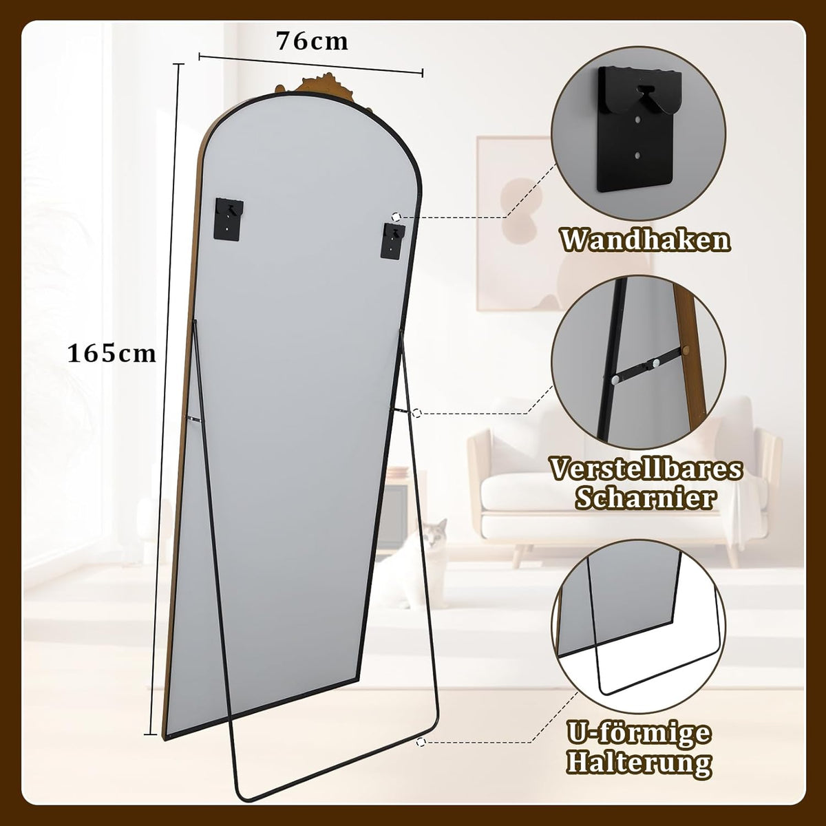 Vintage Gebogen Staande Spiegel – Full-Body Spiegel – Vloerspiegel – Grote Spiegel – Wandspiegel – Aluminium Frame – Gehard Glas – 76 x 165 cm – Retro Gravures