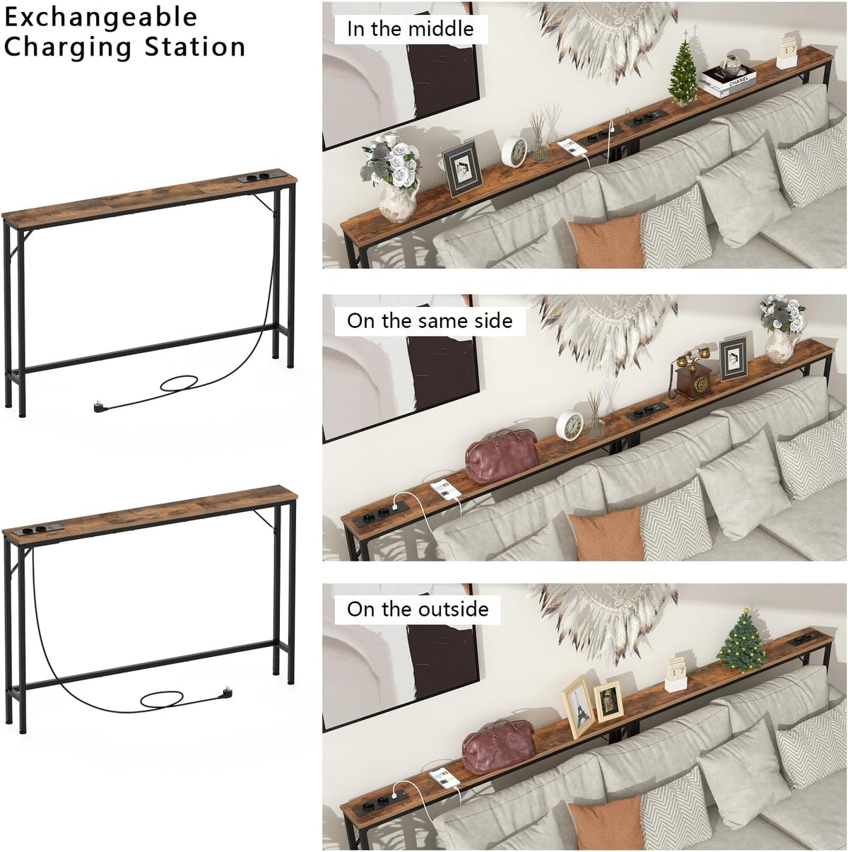 VEDECASA 15 cm smalle consoletafels, 2 sets, met stopcontact en USB-poorten, smalle haltafel, bijzettafel, ingangstafel, dressoir voor entree, woonkamer, hal, kantoor, stabiel stalen frame,