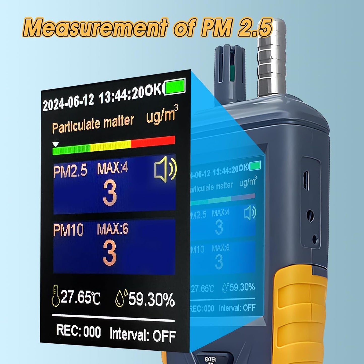 Luchtkwaliteitsmeter, luchtkwaliteitsmonitor, luchtkwaliteitsmeter, detector voor deeltjes/temp/luchtvochtigheid, luchtkwaliteitsmonitor met 0 ~ 1000 μg/m³ μg/m bereik