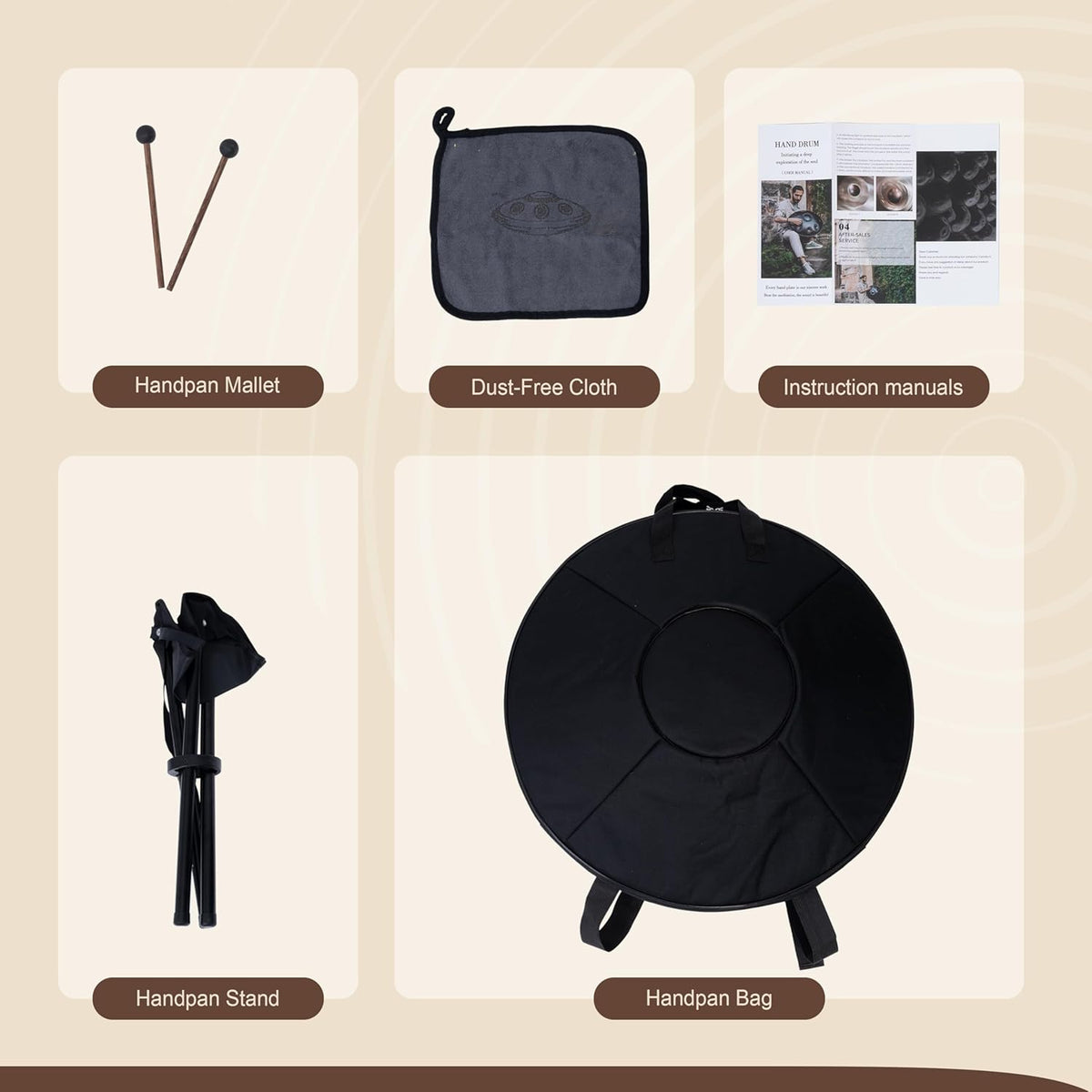 Handpan Drum - 22-Inch 10-Note D Kurd 440Hz - Hand Tuning Handpan - Inclusief Soft Bag, Mallets, Standaard, Note Stickers, Reinigingsdoek - Artist Performance Video