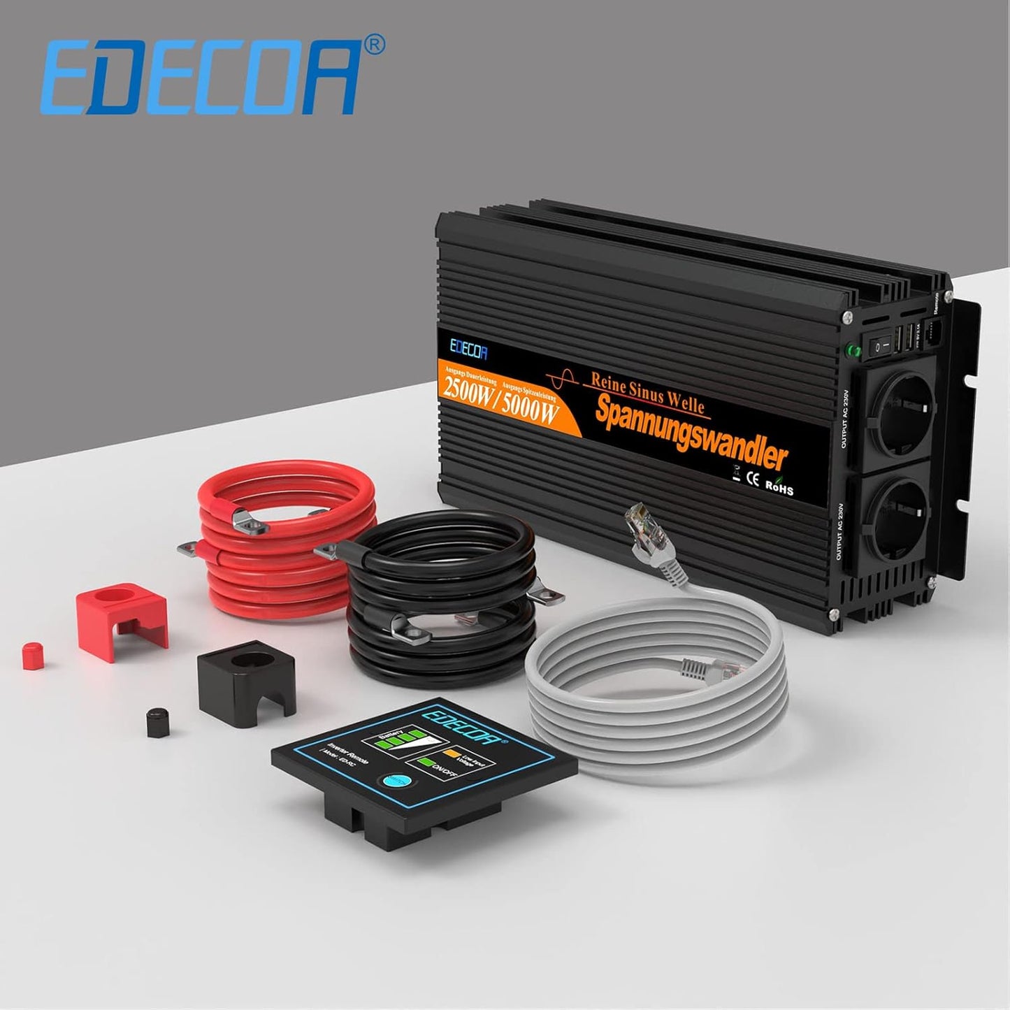 EDECOA Omvormer Zuivere Sinus 2500 W 5000W met Afstandsbediening 2 USB-poorten 2 EU Stopcontacten Spanningstransformator 12 V 230 V Spanningsomvormer 12V naar 230V Power Inverter 2500W
