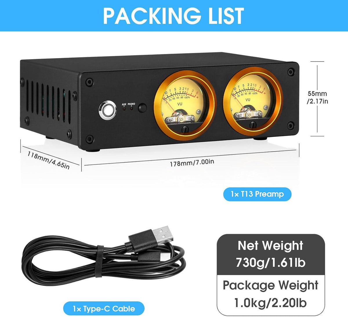 HiFi Phono Voorversterker voor MM platenspeler, hoofdtelefoonversterker met VU-meter (T13)