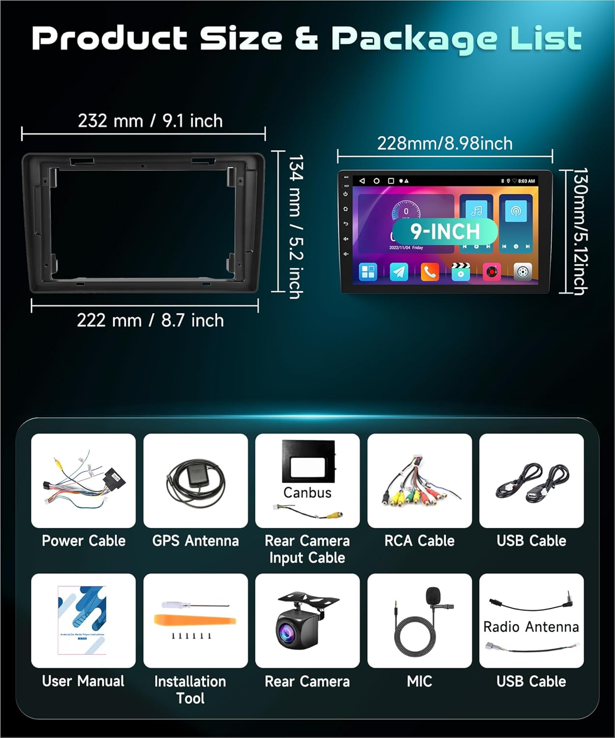 Autoradio – Multimedia Speler – Dashboard Radio – Inbouw Radio – Auto Entertainment Systeem – 9 Inch IPS Touchscreen – Android 15 Met Draadloos CarPlay & Android Auto