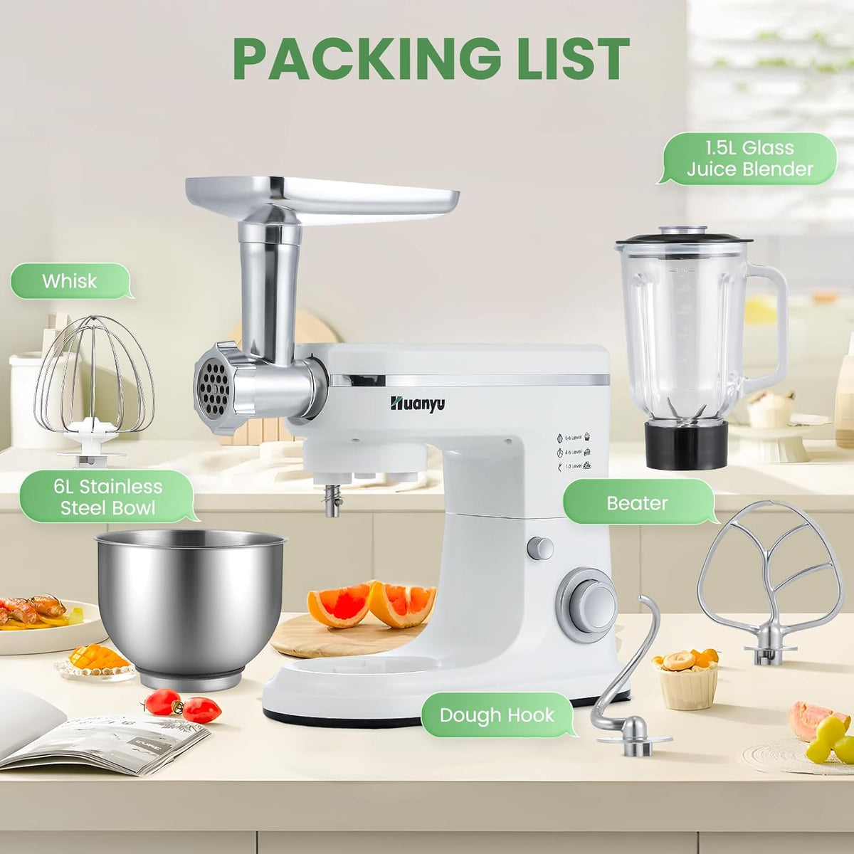 Huanyu 3-in-1 multifunctionele blender met 1,5 liter mixer en vleesmolen, elektrische keukenmixer met 6 liter roestvrijstalen kom, 6 versnellingen keukenmixer voor de meeste gerechten thuis