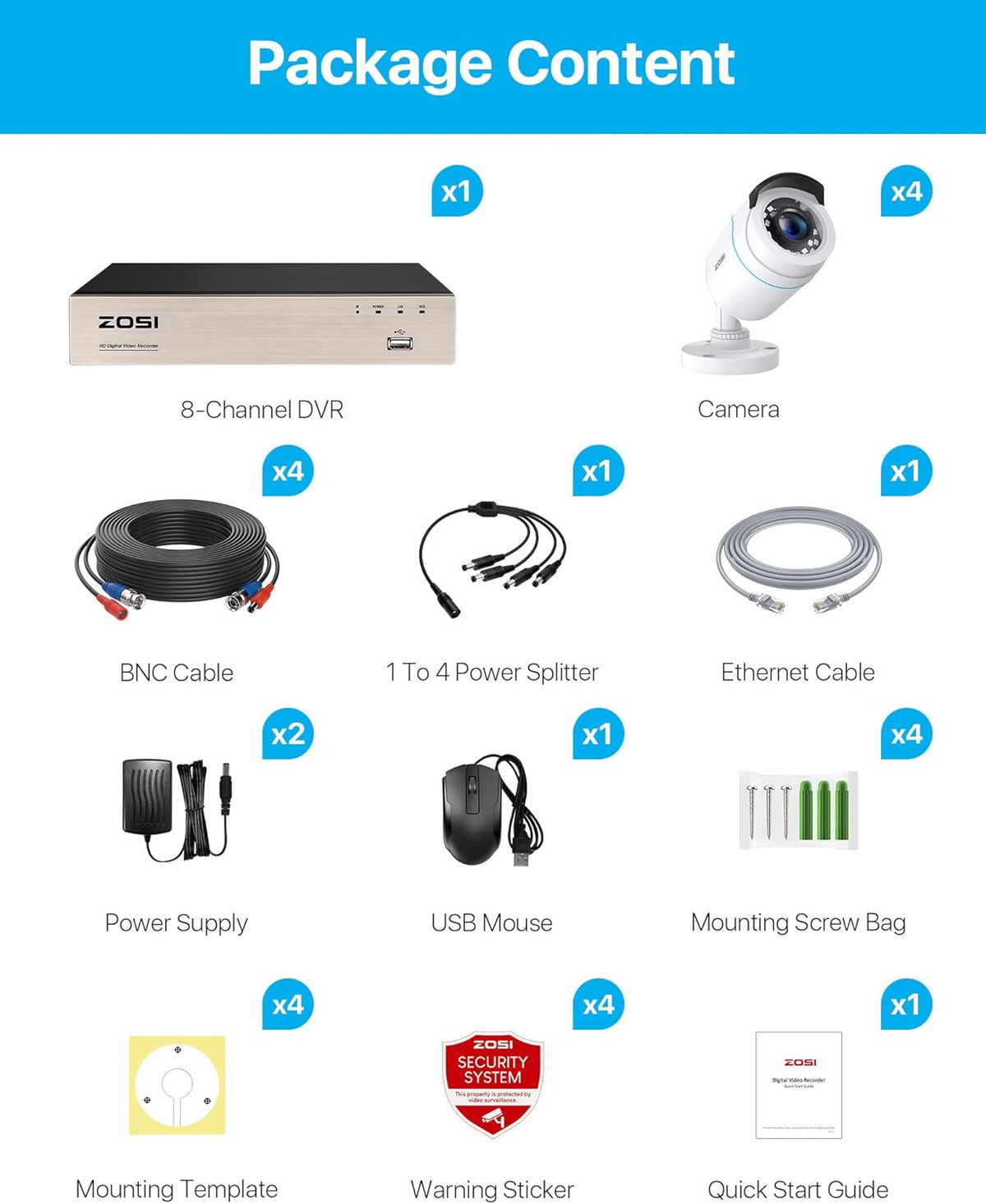 ZOSI CCTV 1080P HD-videobewakingssysteem H.265+ 1080P DVR-recorder plus 4 buitencameraset van 2 MP zonder harde schijf, 20 m IR-nachtzicht, weerbestendig