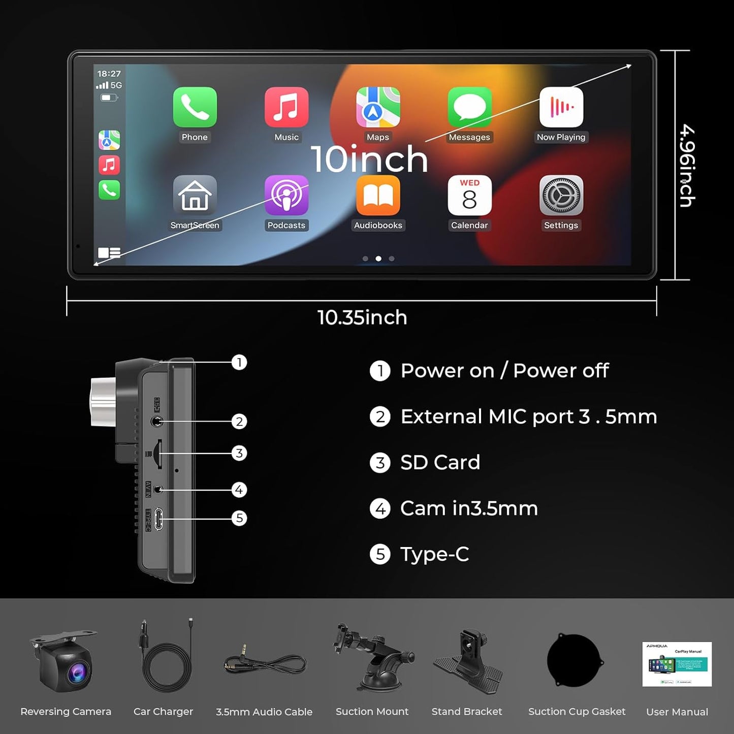 Draadloze A-pple Carplay en Android Auto 10,26 inch touchscreen-autoradio: 1080p achteruitrijcamera, Mirror Link, Siri, FM, Bluetooth - draagbare Drive Mate-navigatie