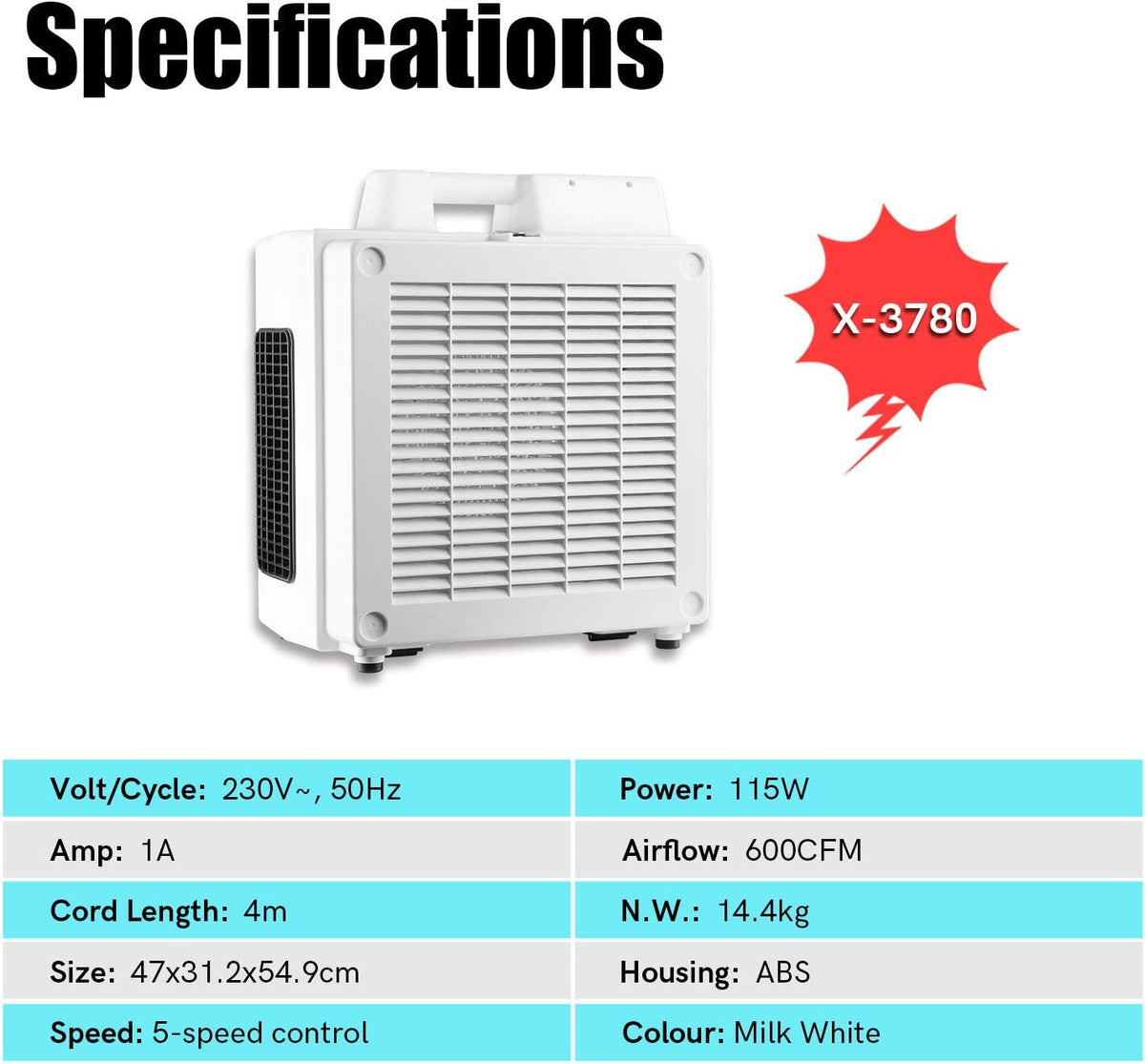 XPOWER X-3780 Air Mover Sealed Motor Low Profile Carpet Dryer - Air Blower Build-in GFCI Power Outlets & Hour Meter Dryer Floor Fan