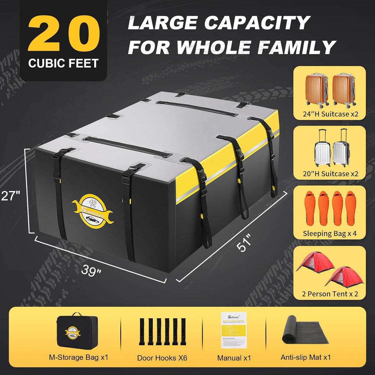 Sailnovo Roof Bag Box SoftShell Carrier 21 piedi Cubi Con tappetino antiscivolo + 6 ganci per porta
