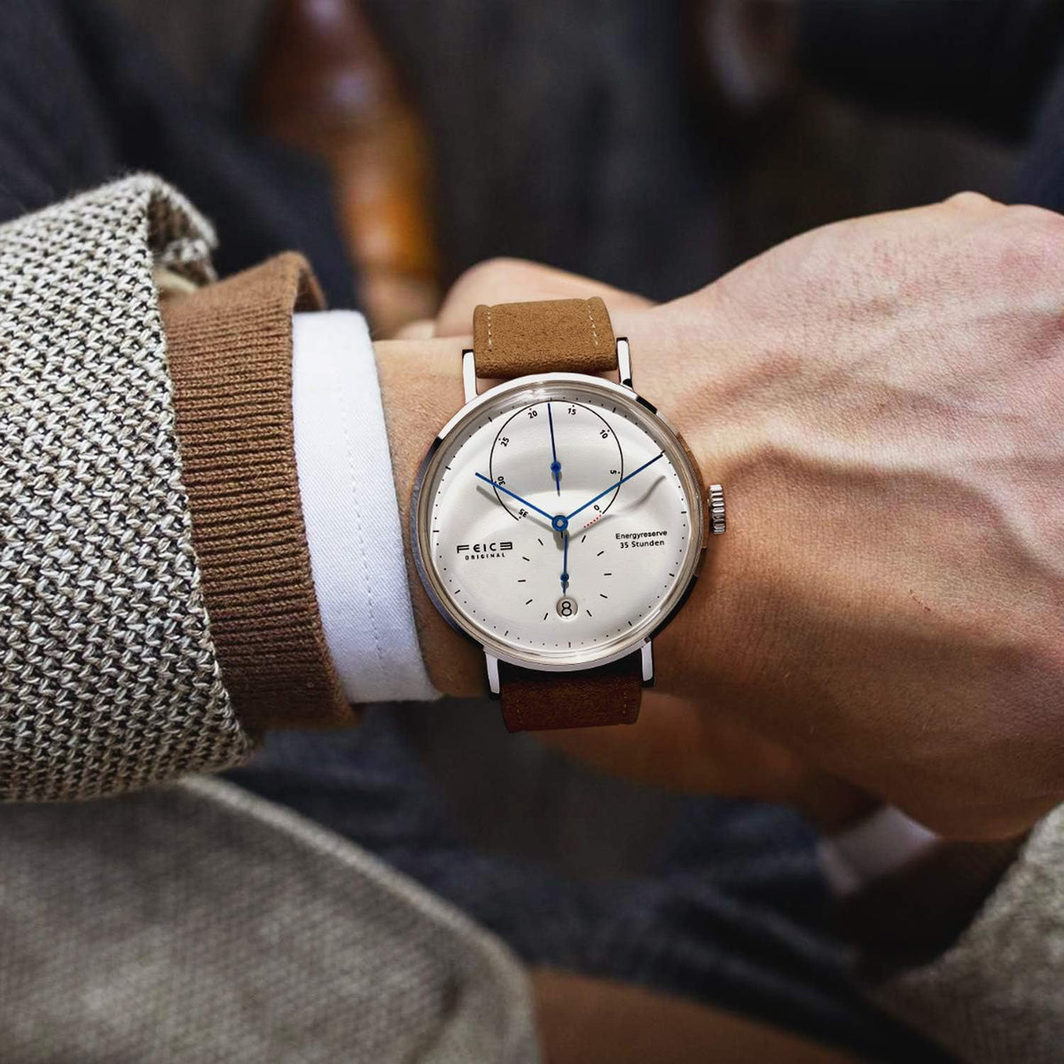 FEICE FM202 Automatisch herenhorloge met gebogen mineraalglas, klassiek horloge, mechanisch horloge, Bruin leder, Minimalist