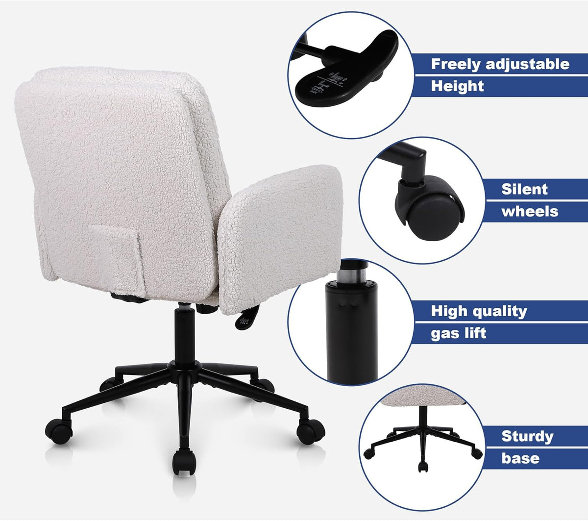 Youhauchair Bureaustoel, Imitatie Kasjmier Office Chair, Comfortabele Make-up Stoel met Verstelbare Hoogte, Ergonomic Chair Bureaustoelen voor Thuis en Slaapkamer, Creme