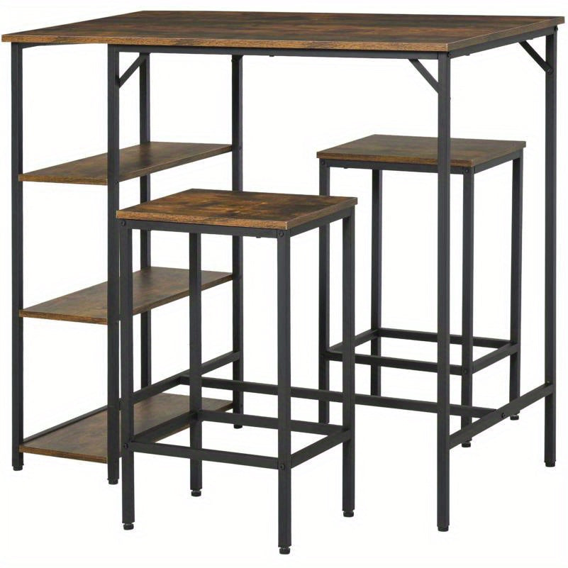 3-delige Tafelset – Eettafelset – Keukentafel – Barkrukken Set – Tafel Met Opbergruimte – Rustiek Bruin En Zwart – Compact Formaat 109x60x100 cm – Stevig Spaanplaat En Stalen Frame